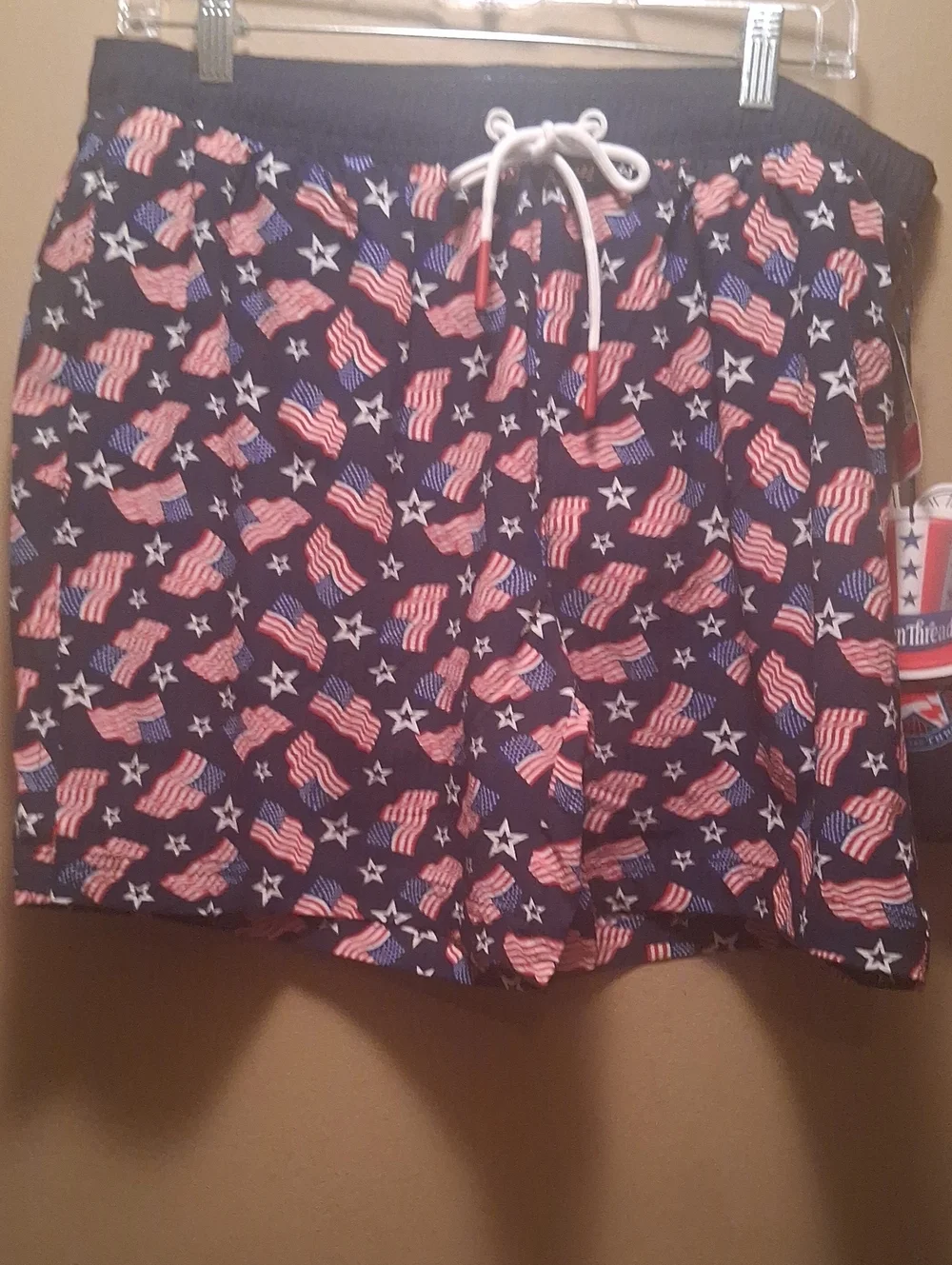 Broken Threads Patriotic Flag Print Swim Trunks-Navy, Red, White W Can Cooler L